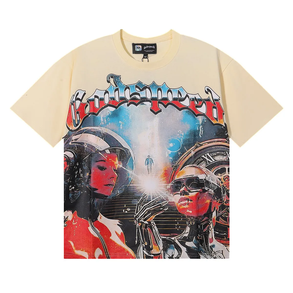 No. 7031, Mechao Godspeed astronaut robot printed high-quality double yarn pure cotton casual short-sleeved T-shirt for men and women 29 batch 110 Color: black, white, apricot; Size: S M L XL