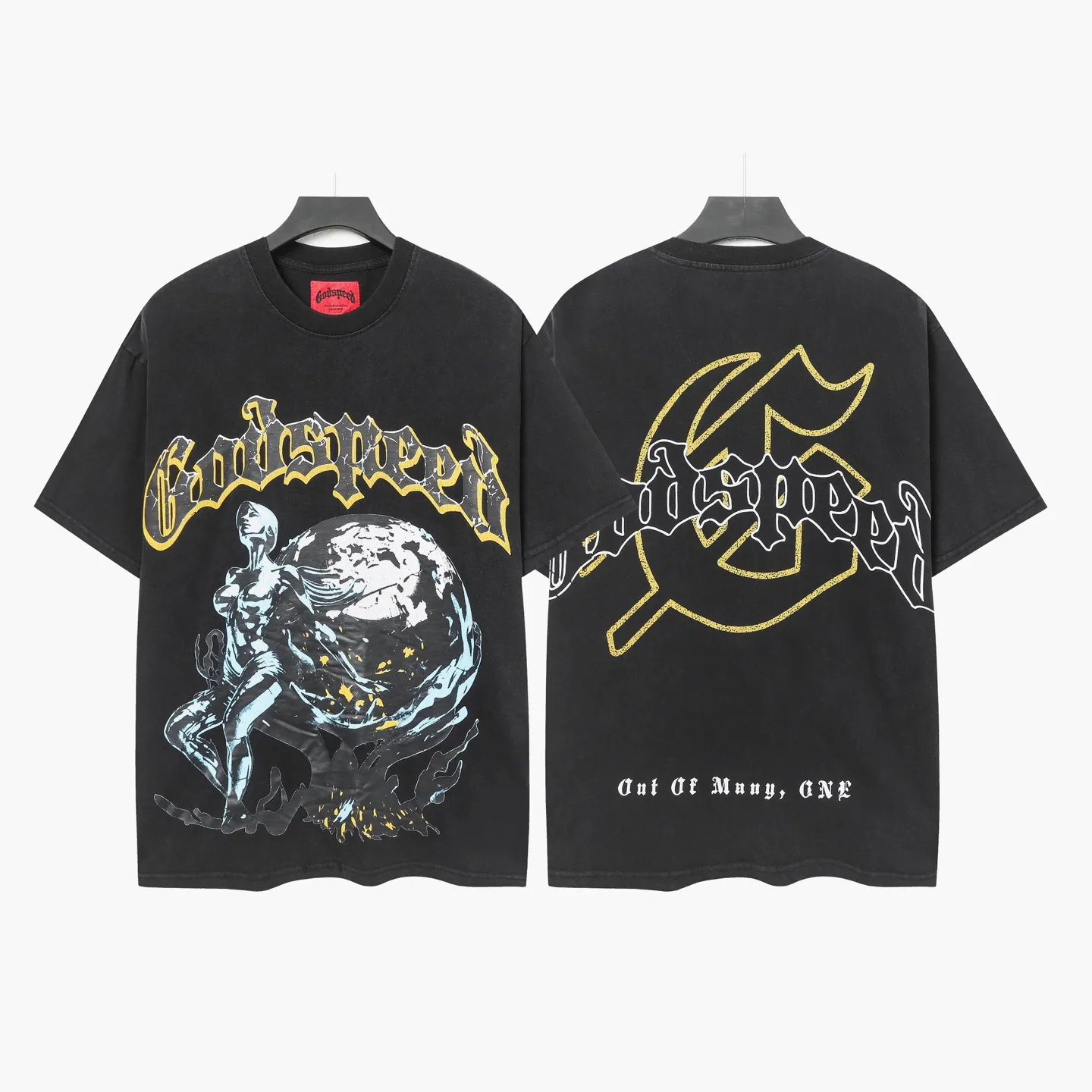 6017#washed black｜P116 Godspeed cross-border American rock and roll street washed retro style short-sleeved T (craft printing) fabric (fabric): 32 count combed double yarn 250g weight size (size): S-M-L-XL color (colour): washed black 👉