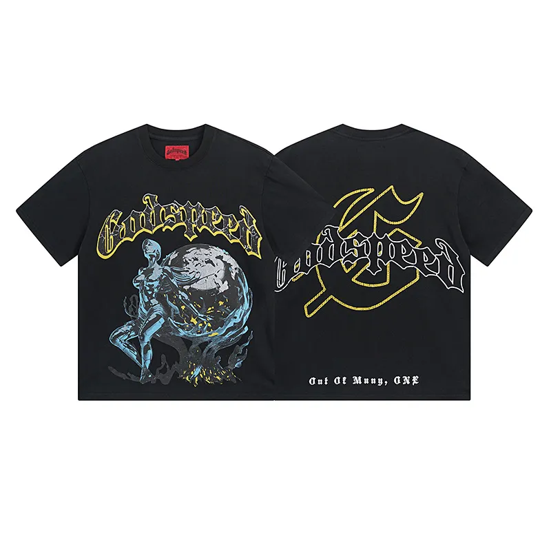 6017#washed black｜P116 Godspeed cross-border American rock and roll street washed retro style short-sleeved T (craft printing) fabric (fabric): 32 count combed double yarn 250g weight size (size): S-M-L-XL color (colour): washed black 👉