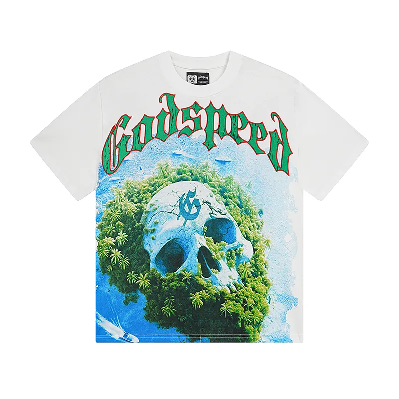 3030# P110 Real shot Godspeed American fashion rock street retro loose printed cotton short sleeves Fabric: 240g 32 count fine cotton double yarn pure cotton Color: off-white Size: S M L XL