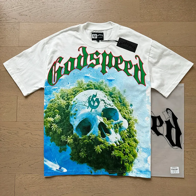 3030# P110 Real shot Godspeed American fashion rock street retro loose printed cotton short sleeves Fabric: 240g 32 count fine cotton double yarn pure cotton Color: off-white Size: S M L XL