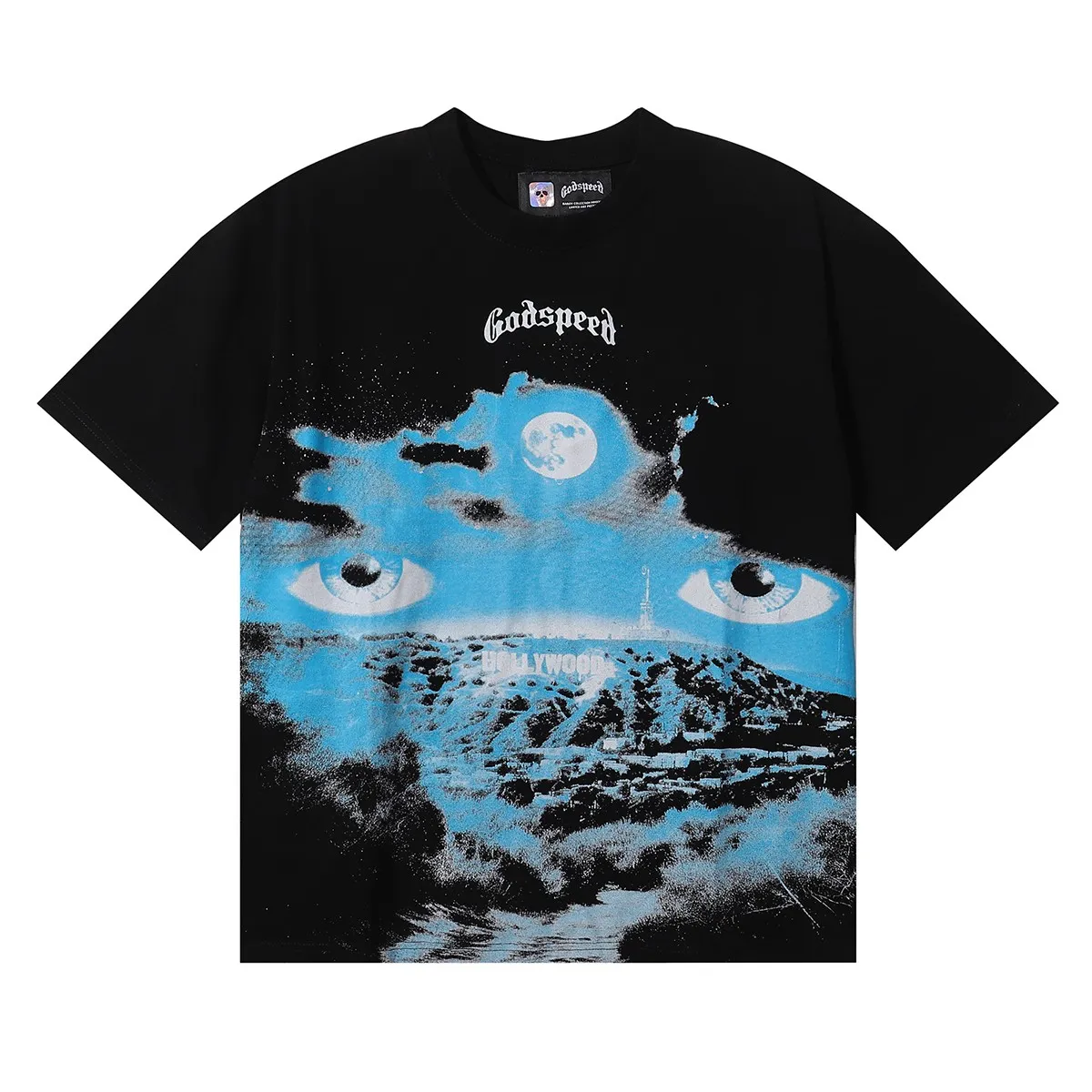 No. 7005, American fashion Godspeed Hollywood night print high quality double yarn pure cotton casual short-sleeved T-shirt batch 110 Color: black; Size: S M L XL