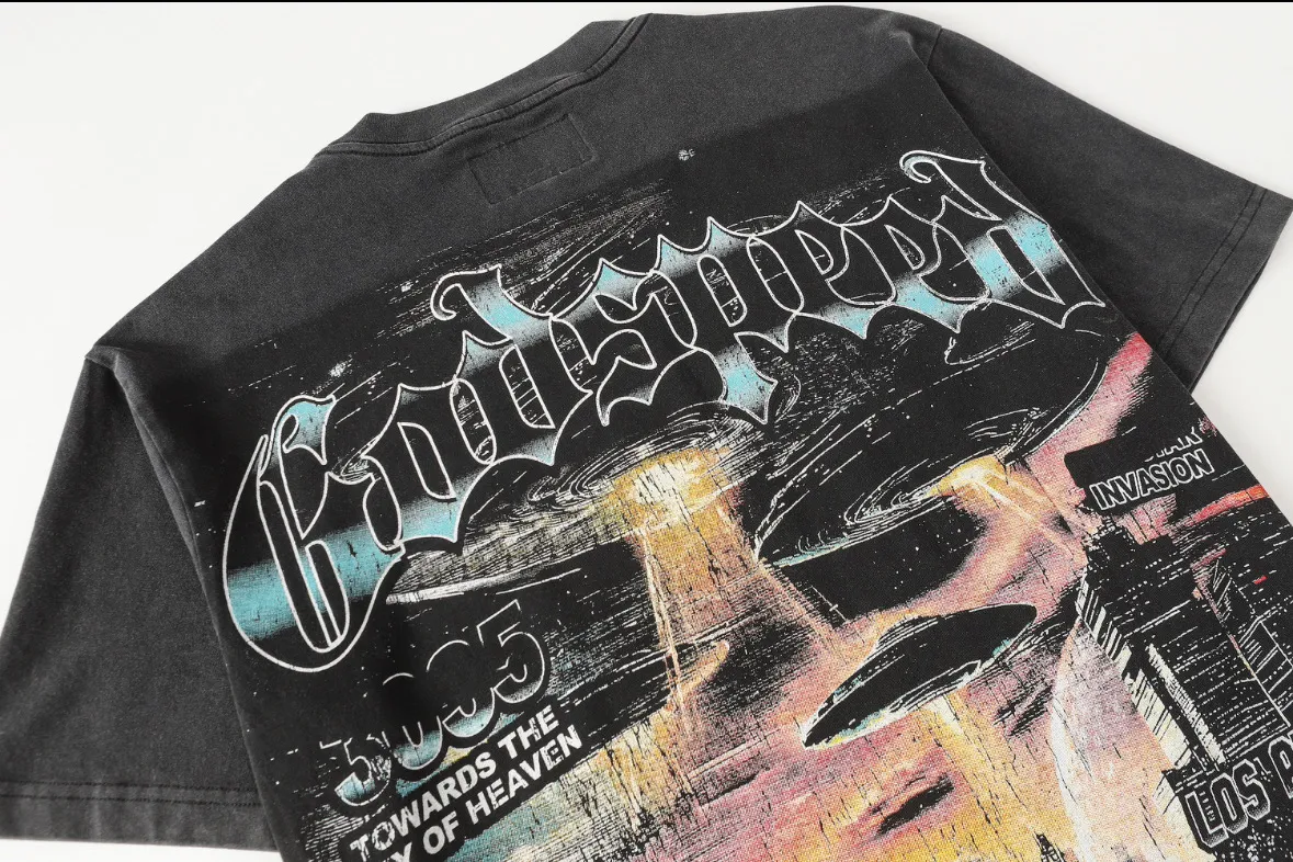6096# washed black I P116 Godspeed cross-border American rock and roll street washed retro style short-sleeved T (craft printing) fabric (fabric): 32 count combed double yarn 250 grams weight code number (size): S-M-L-XL color (colour): washed black