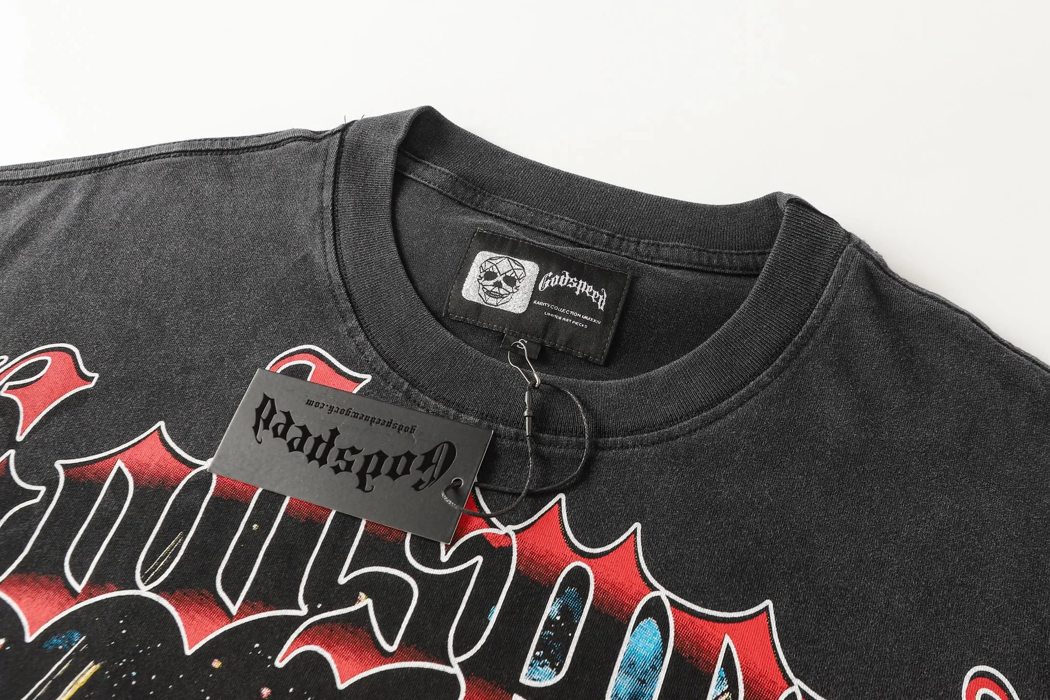6096# washed black I P116 Godspeed cross-border American rock and roll street washed retro style short-sleeved T (craft printing) fabric (fabric): 32 count combed double yarn 250 grams weight code number (size): S-M-L-XL color (colour): washed black