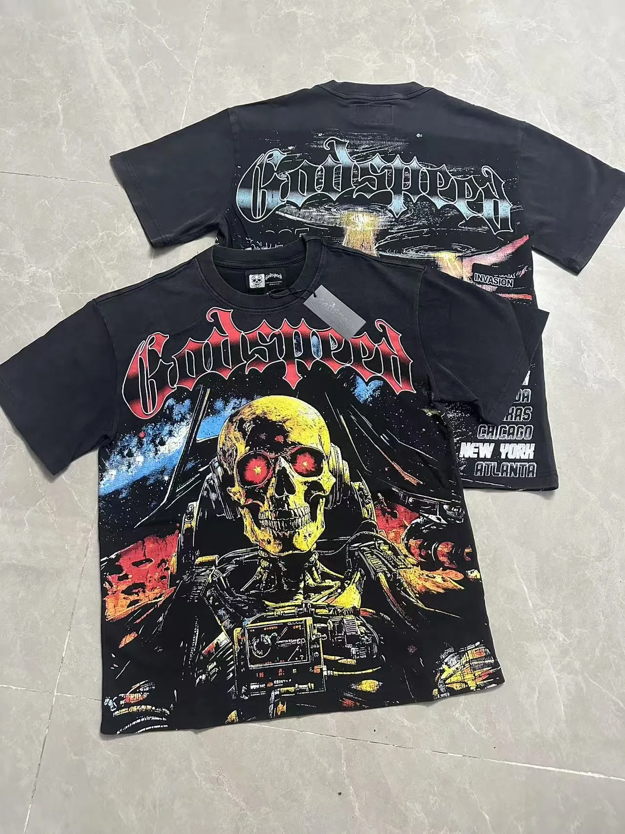 6096# washed black I P116 Godspeed cross-border American rock and roll street washed retro style short-sleeved T (craft printing) fabric (fabric): 32 count combed double yarn 250 grams weight code number (size): S-M-L-XL color (colour): washed black