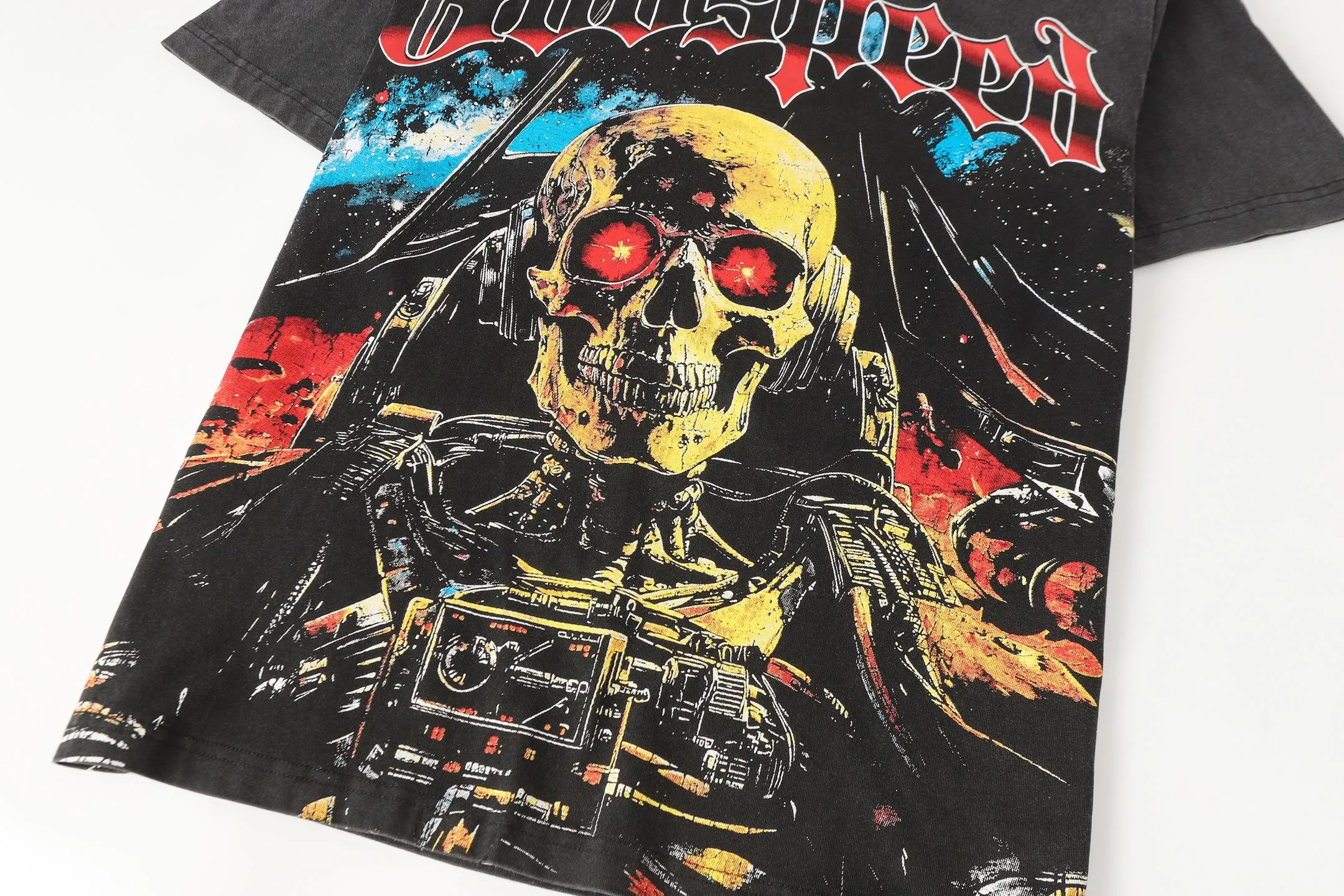 6096# washed black I P116 Godspeed cross-border American rock and roll street washed retro style short-sleeved T (craft printing) fabric (fabric): 32 count combed double yarn 250 grams weight code number (size): S-M-L-XL color (colour): washed black