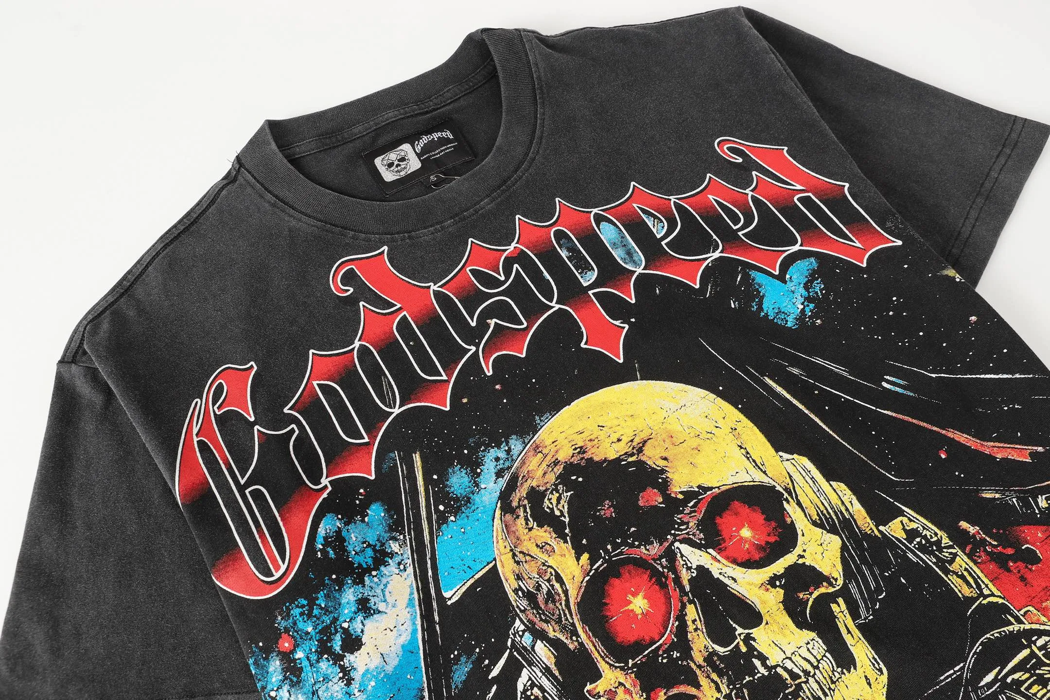 6096# washed black I P116 Godspeed cross-border American rock and roll street washed retro style short-sleeved T (craft printing) fabric (fabric): 32 count combed double yarn 250 grams weight code number (size): S-M-L-XL color (colour): washed black