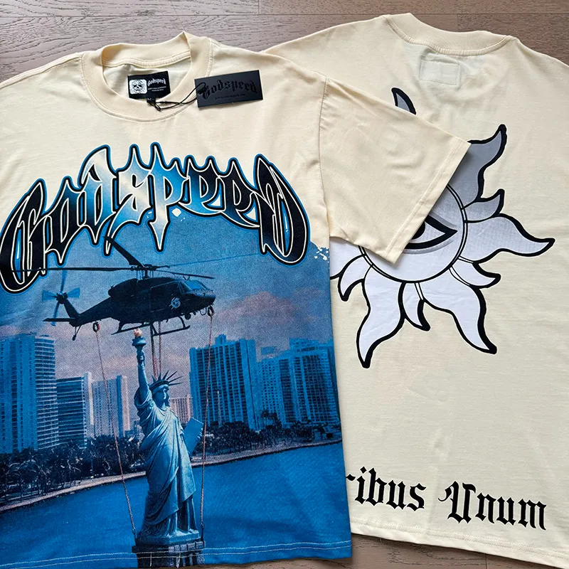 3116# P106 Real shot Godspeed American fashion rock street retro loose printed cotton short sleeves Fabric: 240g 32 count fine cotton double yarn pure cotton Color: apricot Size: S M L XL