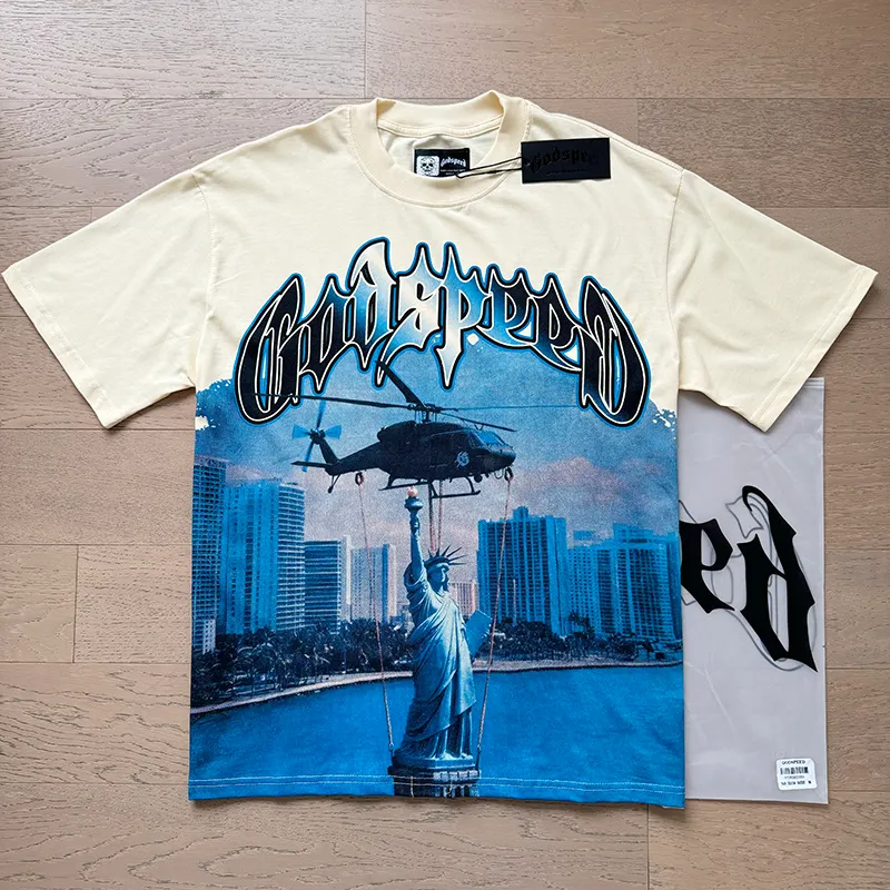 3116# P106 Real shot Godspeed American fashion rock street retro loose printed cotton short sleeves Fabric: 240g 32 count fine cotton double yarn pure cotton Color: apricot Size: S M L XL