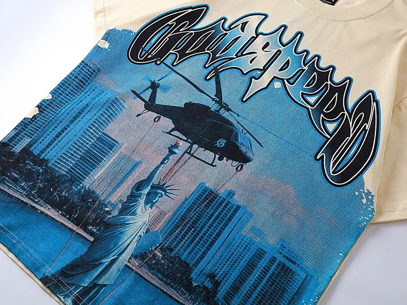 3116# P106 Real shot Godspeed American fashion rock street retro loose printed cotton short sleeves Fabric: 240g 32 count fine cotton double yarn pure cotton Color: apricot Size: S M L XL