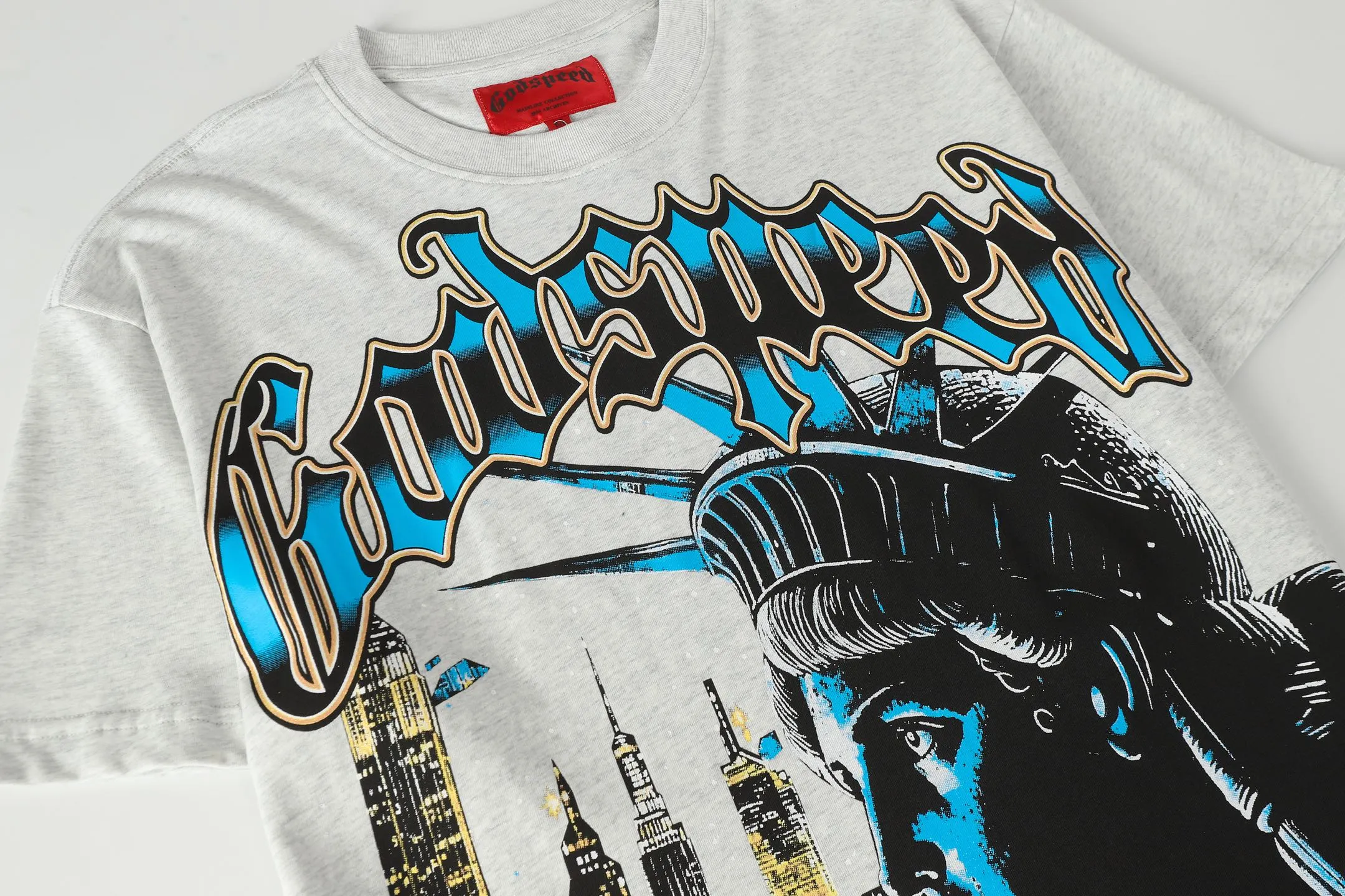 5105#Light Gray｜P106 Godspeed cross-border American rock and roll street washed retro style short-sleeved T (craft printing) fabric (fabric) 32-count combed double yarn 240 grams weight code number (size): S-M-L-XL color (colour): light gray