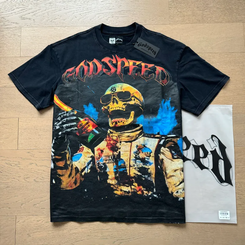 1016# P126 Washed Style Real Shot Godspeed American Fashion Rock Street Retro Washed Distressed Printed Cotton Short Sleeves Fabric: 250g 32 Count Fine Cotton Double Yarn Pure Cotton Color: Washed Black Size: S M L XL