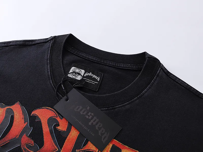 1016# P126 Washed Style Real Shot Godspeed American Fashion Rock Street Retro Washed Distressed Printed Cotton Short Sleeves Fabric: 250g 32 Count Fine Cotton Double Yarn Pure Cotton Color: Washed Black Size: S M L XL