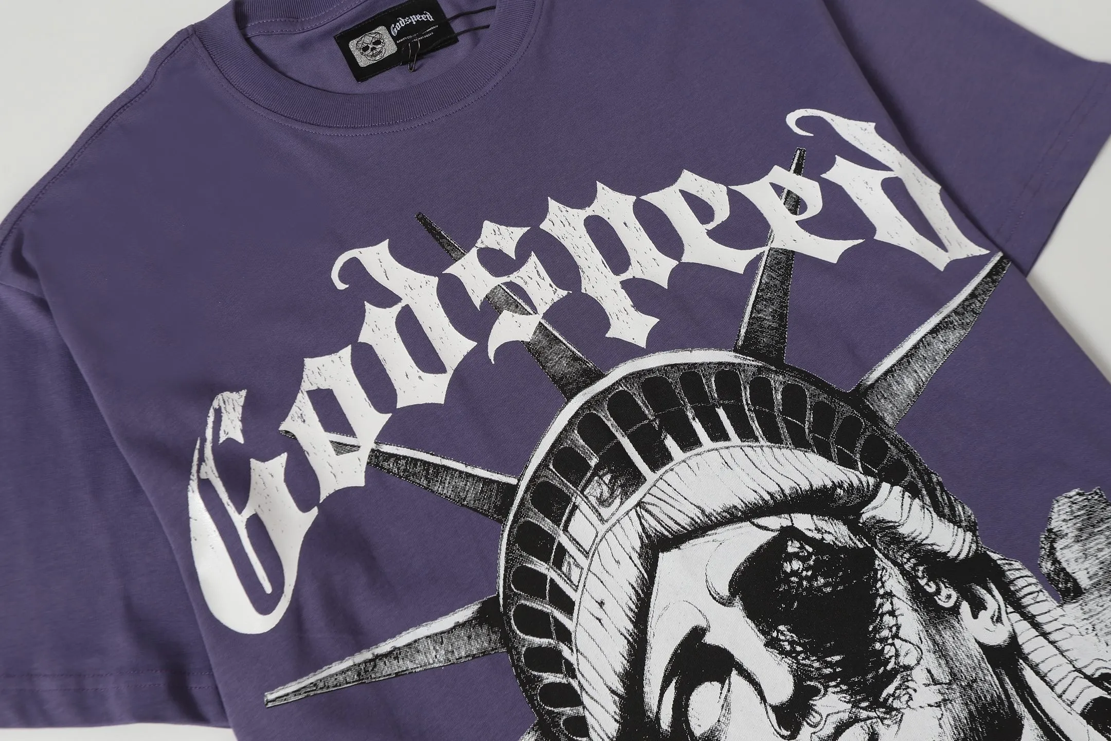 5086#vine purple/apricot color｜P104 Godspeed cross-border American rock and roll street washed retro style short-sleeved T (craft printing) fabric (fabric) 32 count combed double yarn 240 grams weight code number (size): S-M-L-XL color (colour): apricot/vine purple
