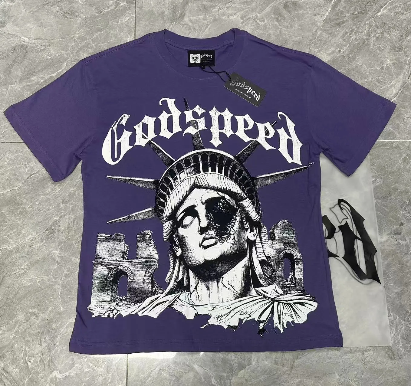 5086#vine purple/apricot | P104 Godspeed cross-border American rock and roll street washed retro style short-sleeved T (craft printing) fabric (fabric) 32 counts combed double yarn 240 grams weight code number (size): S-M-L-XL color (colour): apricot/vine purple 👉