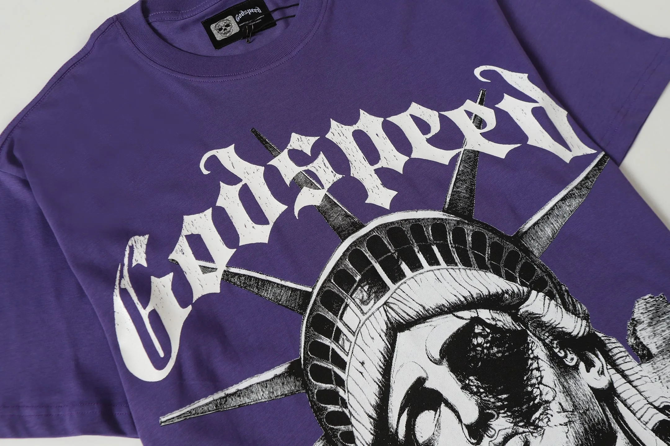 5086#vine purple/apricot | P104 Godspeed cross-border American rock and roll street washed retro style short-sleeved T (craft printing) fabric (fabric) 32 counts combed double yarn 240 grams weight code number (size): S-M-L-XL color (colour): apricot/vine purple 👉