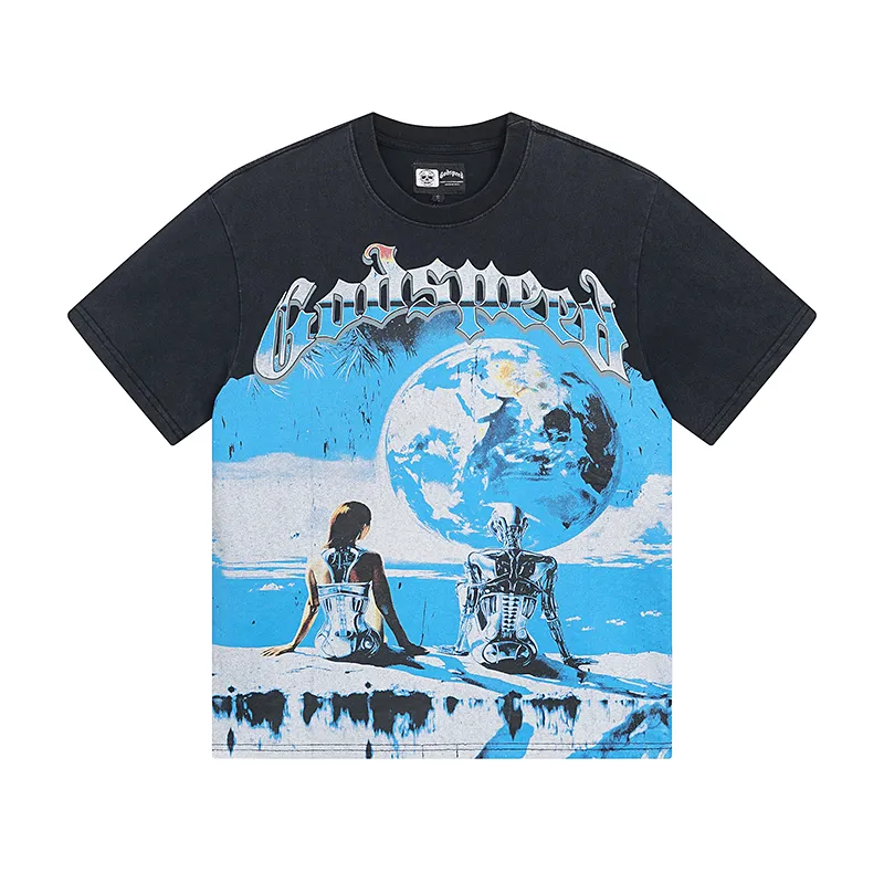 1005# P126 Washed model Real shot Godspeed American fashion rock street retro washed distressed printed cotton short sleeves Fabric: 250g 32 count fine cotton double yarn pure cotton Color: washed black washed blue Code number: S M L XL