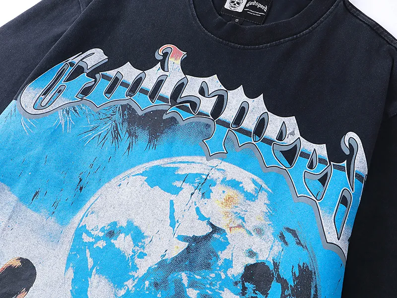1005# P126 Washed model Real shot Godspeed American fashion rock street retro washed distressed printed cotton short sleeves Fabric: 250g 32 count fine cotton double yarn pure cotton Color: washed black washed blue Code number: S M L XL