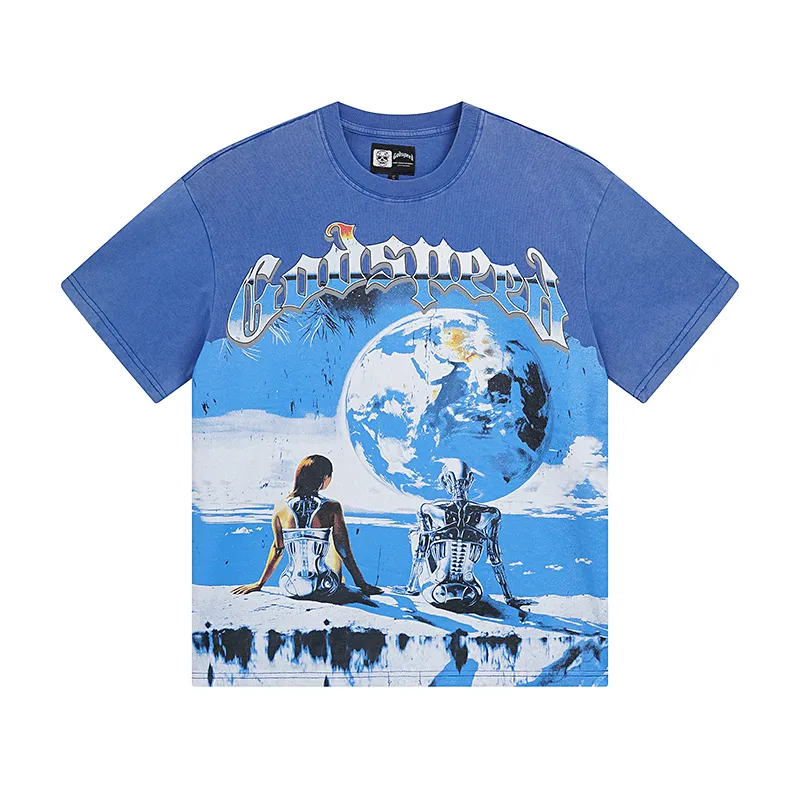 1005# P126 Washed model Real shot Godspeed American fashion rock street retro washed distressed printed cotton short sleeves Fabric: 250g 32 count fine cotton double yarn pure cotton Color: washed black washed blue Code number: S M L XL