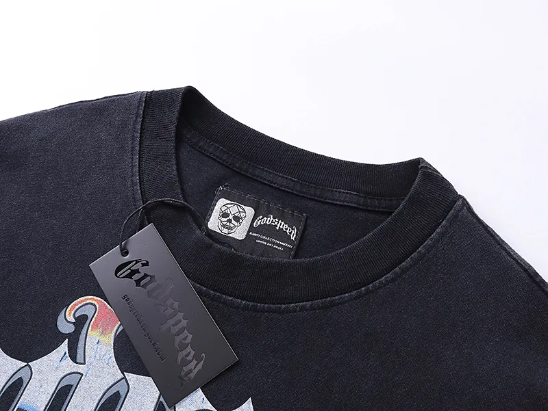 1005# P126 Washed model Real shot Godspeed American fashion rock street retro washed distressed printed cotton short sleeves Fabric: 250g 32 count fine cotton double yarn pure cotton Color: washed black washed blue Code number: S M L XL