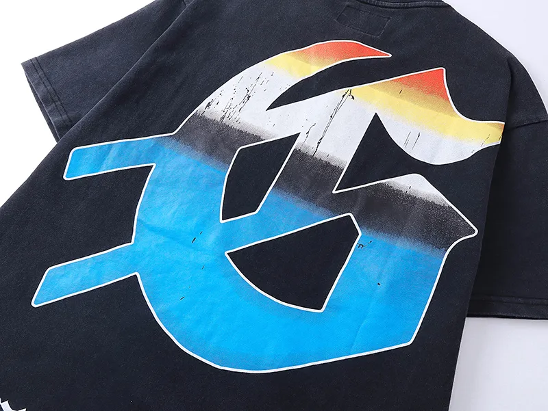 1005# P126 Washed model Real shot Godspeed American fashion rock street retro washed distressed printed cotton short sleeves Fabric: 250g 32 count fine cotton double yarn pure cotton Color: washed black washed blue Code number: S M L XL