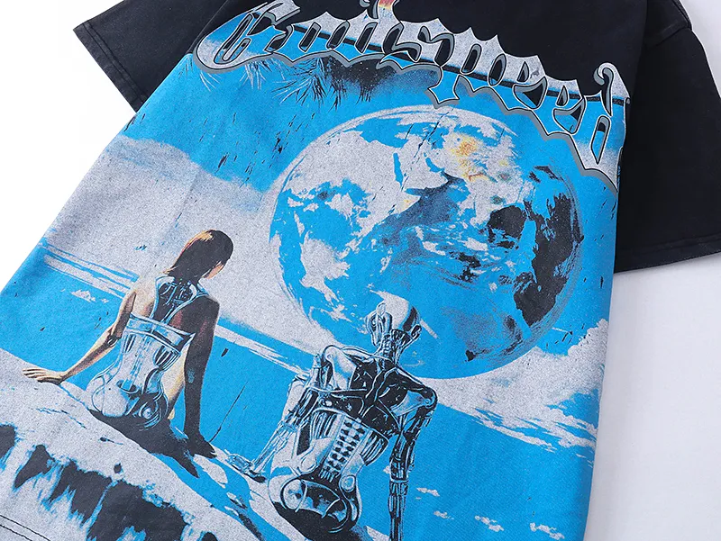 1005# P126 Washed model Real shot Godspeed American fashion rock street retro washed distressed printed cotton short sleeves Fabric: 250g 32 count fine cotton double yarn pure cotton Color: washed black washed blue Code number: S M L XL