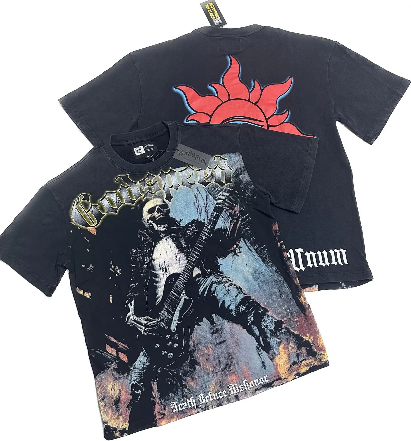 6313#washed black｜P116 Godspeed cross-border American rock and roll street washed retro style short-sleeved T (craft printing) fabric (fabric): 32 count combed double yarn 250g weight size (size): S-M-L-XL color (colour): washed black
