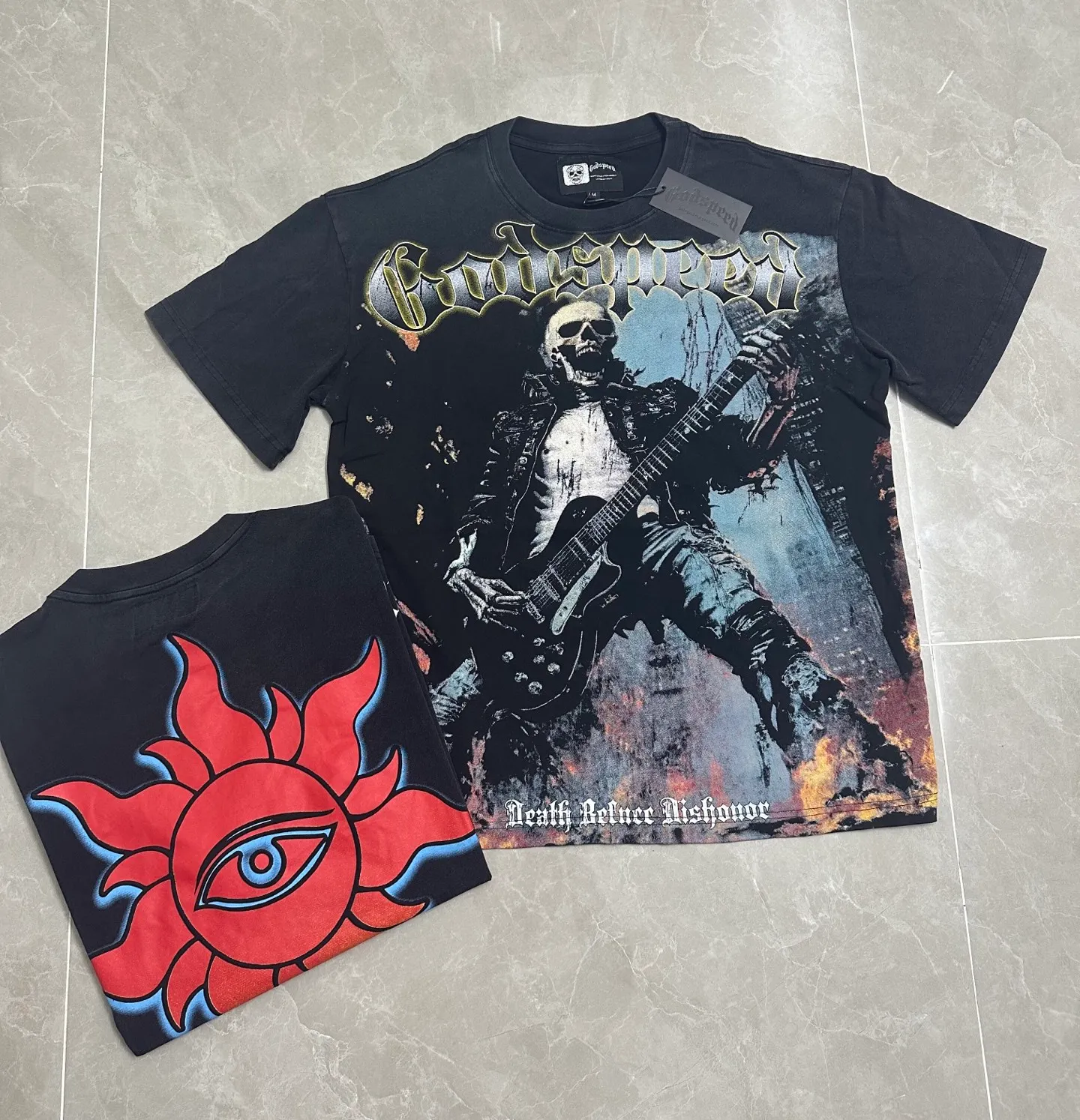 6313#washed black｜P116 Godspeed cross-border American rock and roll street washed retro style short-sleeved T (craft printing) fabric (fabric): 32 count combed double yarn 250g weight size (size): S-M-L-XL color (colour): washed black