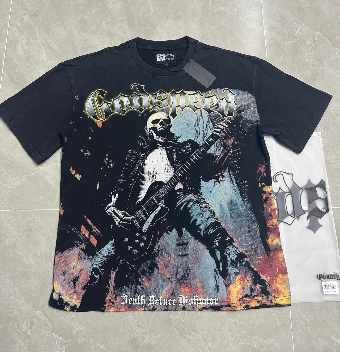 6313#washed black｜P116 Godspeed cross-border American rock and roll street washed retro style short-sleeved T (craft printing) fabric (fabric): 32 count combed double yarn 250g weight size (size): S-M-L-XL color (colour): washed black