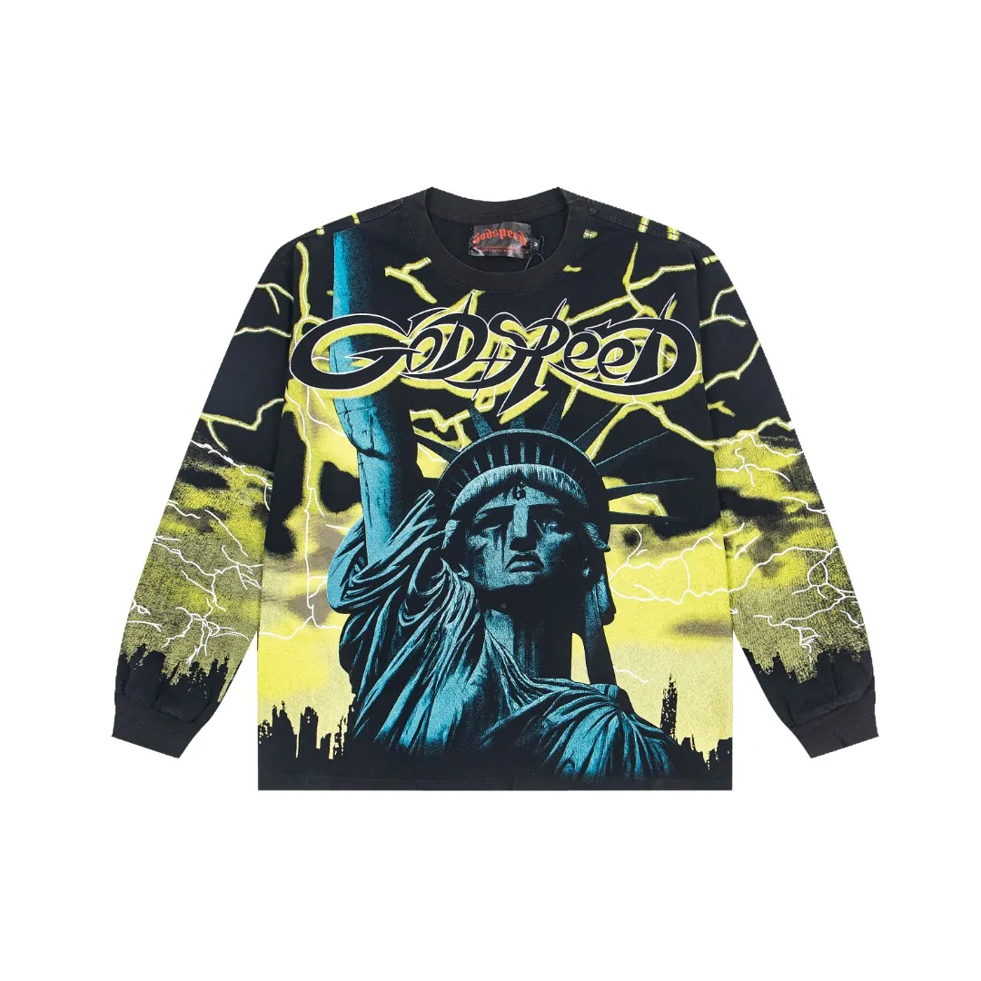 G57# GodSpeed ​​HD printed washed long sleeve S-XL size black red black blue black yellow P166