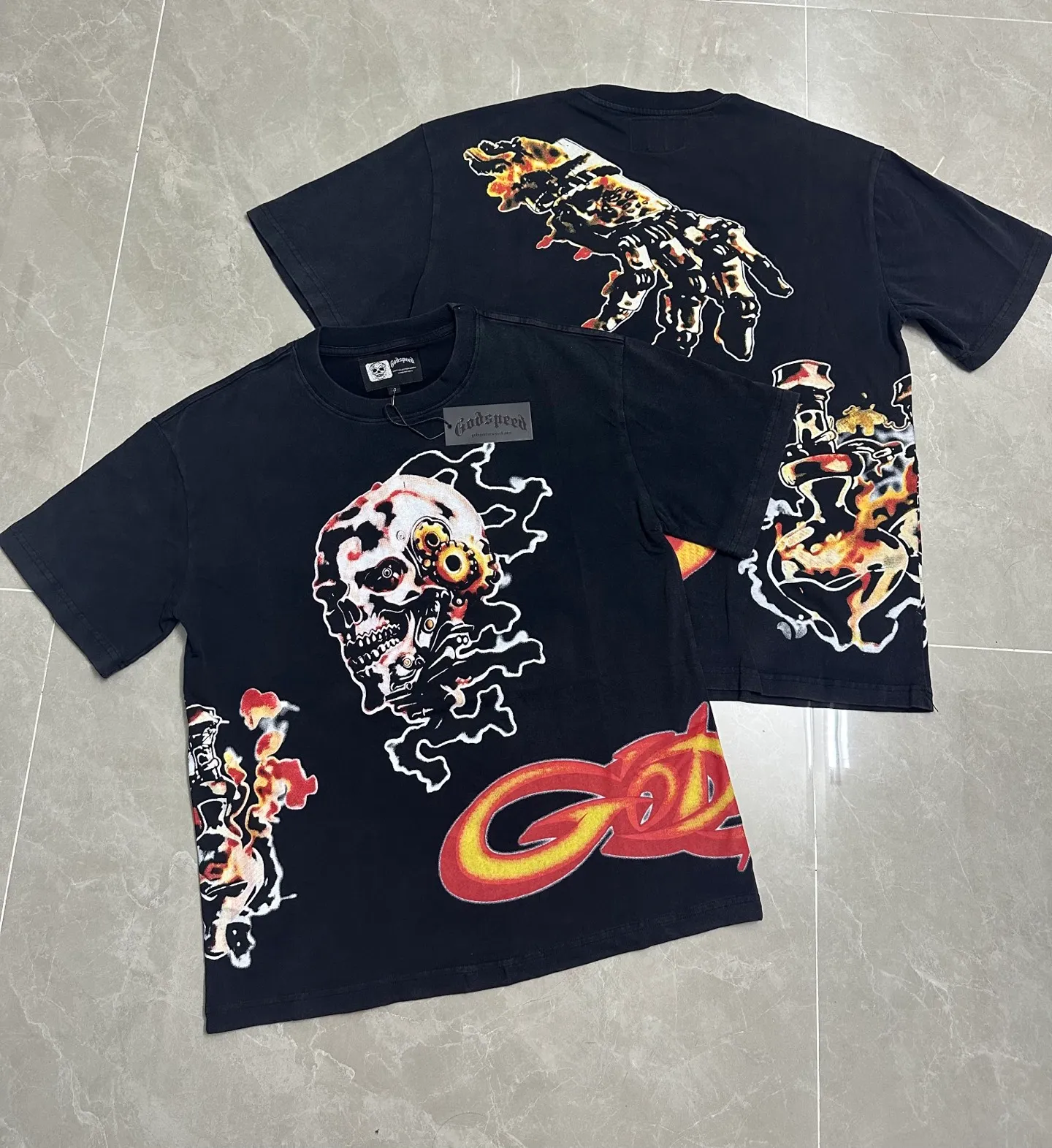 6315# washed black I P116 Godspeed cross-border American rock and roll street washed retro style short-sleeved T (craft printing) fabric (fabric): 32 count combed double yarn 250 grams weight code number (size): S-M-L-XL color (colour): washed black