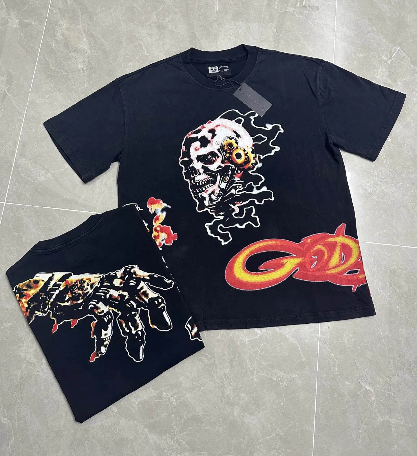 6315# washed black I P116 Godspeed cross-border American rock and roll street washed retro style short-sleeved T (craft printing) fabric (fabric): 32 count combed double yarn 250 grams weight code number (size): S-M-L-XL color (colour): washed black