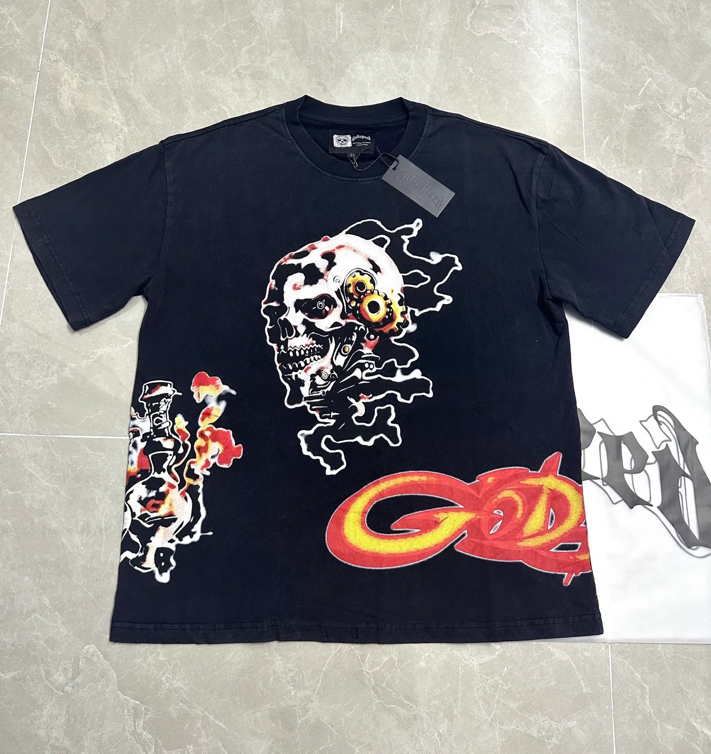 6315# washed black I P116 Godspeed cross-border American rock and roll street washed retro style short-sleeved T (craft printing) fabric (fabric): 32 count combed double yarn 250 grams weight code number (size): S-M-L-XL color (colour): washed black