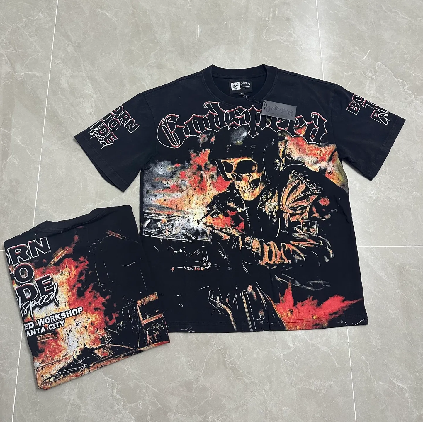 6316# washed black | P116 Godspeed cross-border American rock and roll street washed retro style short-sleeved T (craft printing) fabric (fabric): 32 count combed double yarn 250 grams weight code number (size): S-M-L-XL color (colour): washed black