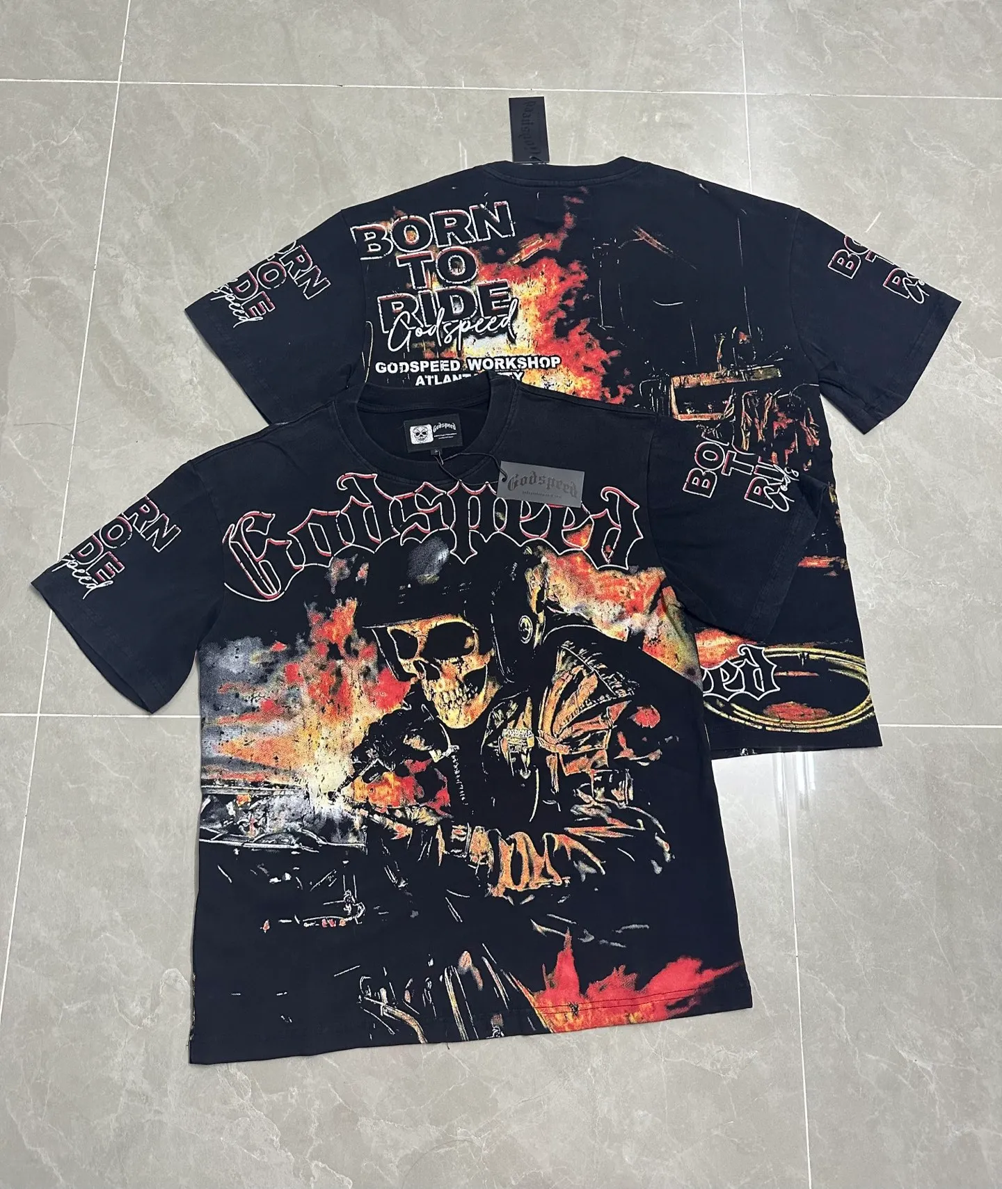 6316# washed black | P116 Godspeed cross-border American rock and roll street washed retro style short-sleeved T (craft printing) fabric (fabric): 32 count combed double yarn 250 grams weight code number (size): S-M-L-XL color (colour): washed black