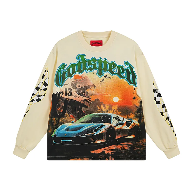 3105# P140 Real shot of Godspeed American fashion rock street pure cotton loose bottoming long-sleeved T-shirt long T. Fabric: 270g 32 count fine cotton double yarn pure cotton Color: Apricot Code number: S M L XL