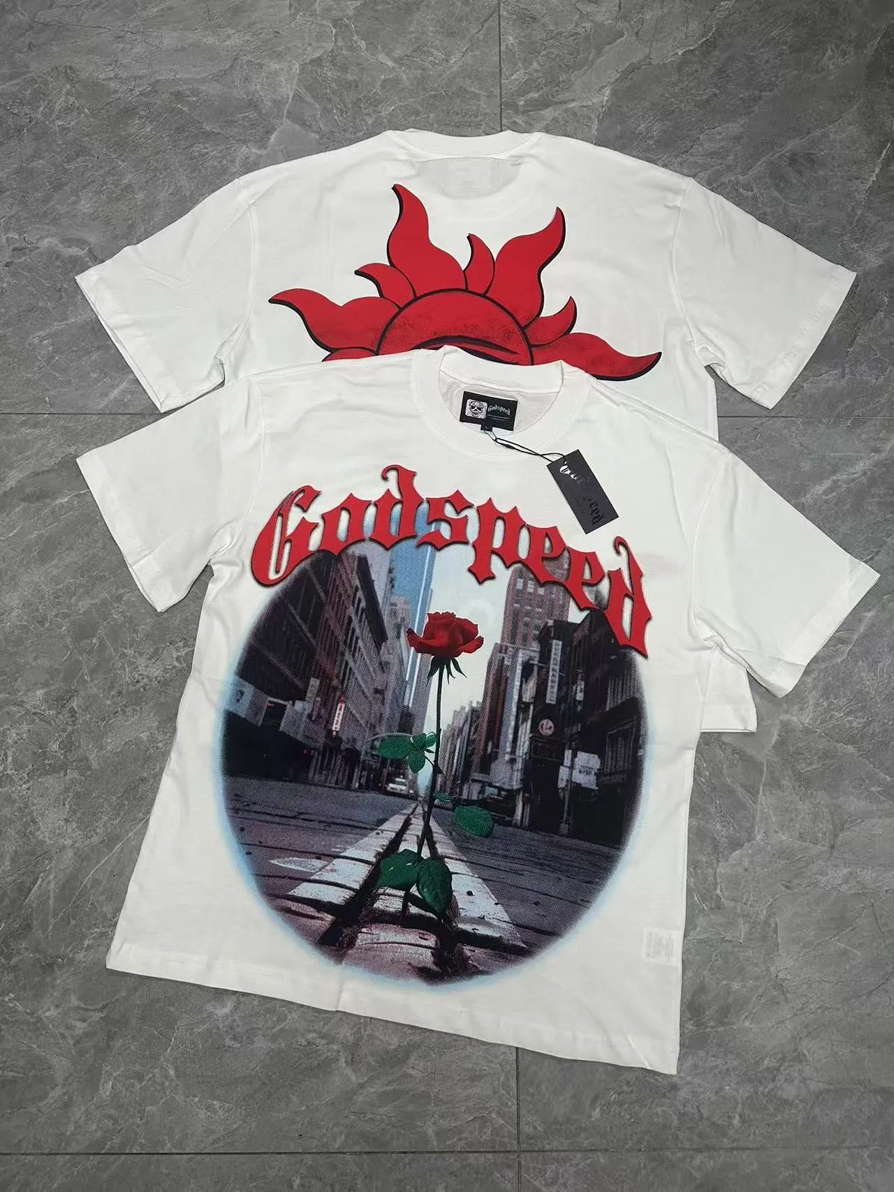5079# | P104 Godspeed cross-border American rock and roll street washed retro style short-sleeved T (craft printing) fabric (fabric): 32-count combed double yarn 240 grams weight code number (size): S-M-L-XL color (colour): white
