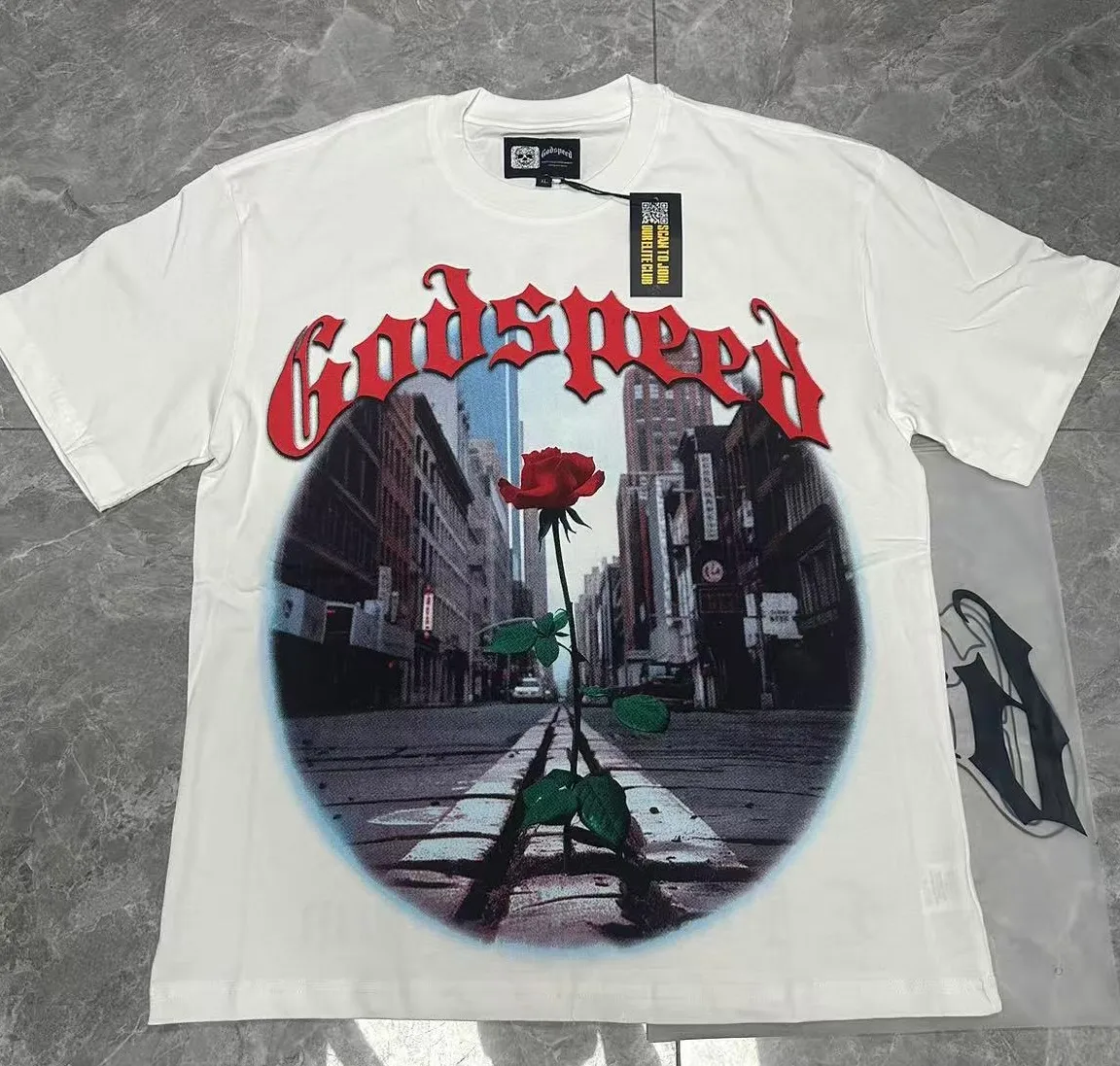 5079# | P104 Godspeed cross-border American rock and roll street washed retro style short-sleeved T (craft printing) fabric (fabric): 32-count combed double yarn 240 grams weight code number (size): S-M-L-XL color (colour): white