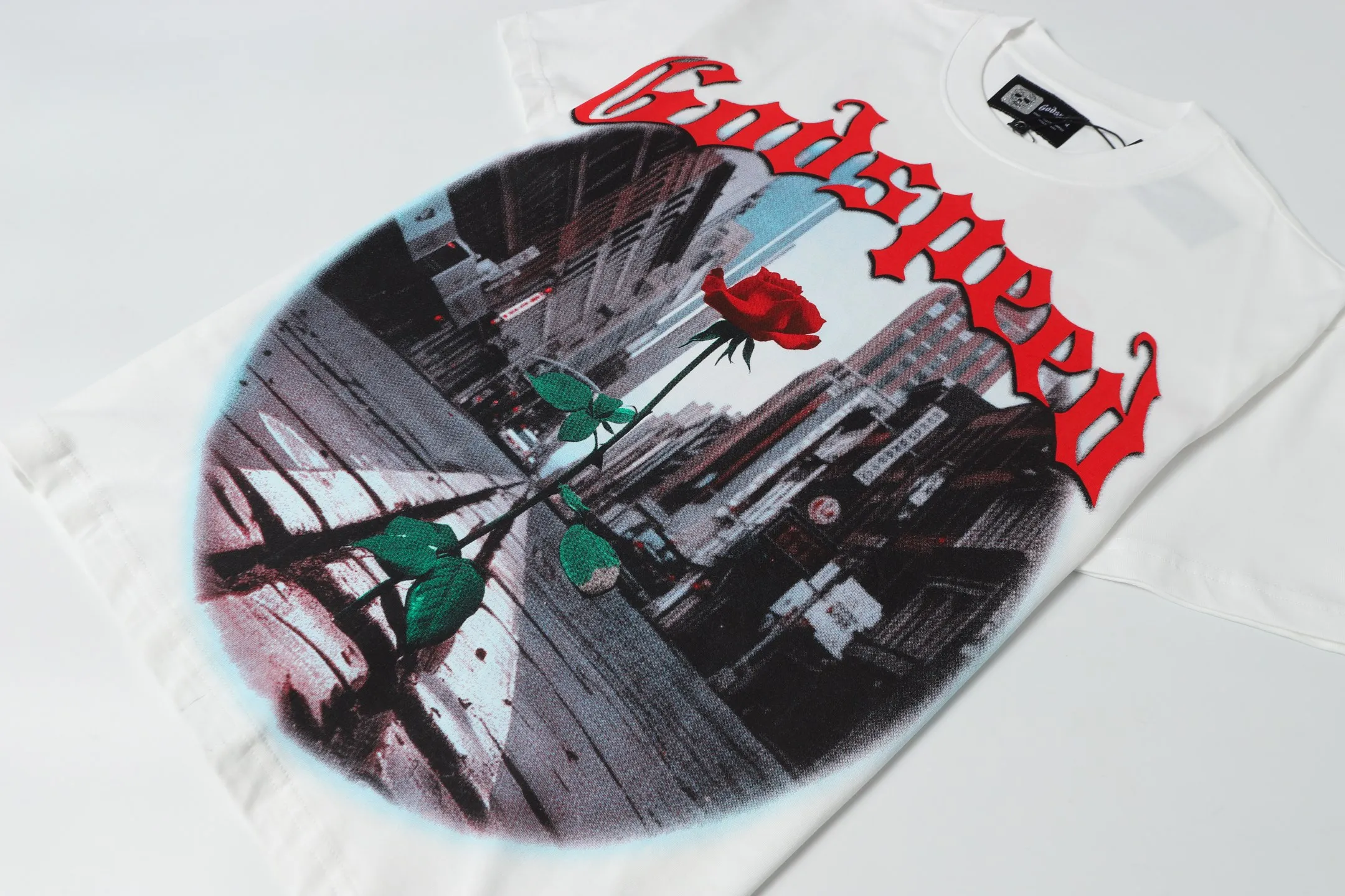 5079# | P104 Godspeed cross-border American rock and roll street washed retro style short-sleeved T (craft printing) fabric (fabric): 32-count combed double yarn 240 grams weight code number (size): S-M-L-XL color (colour): white