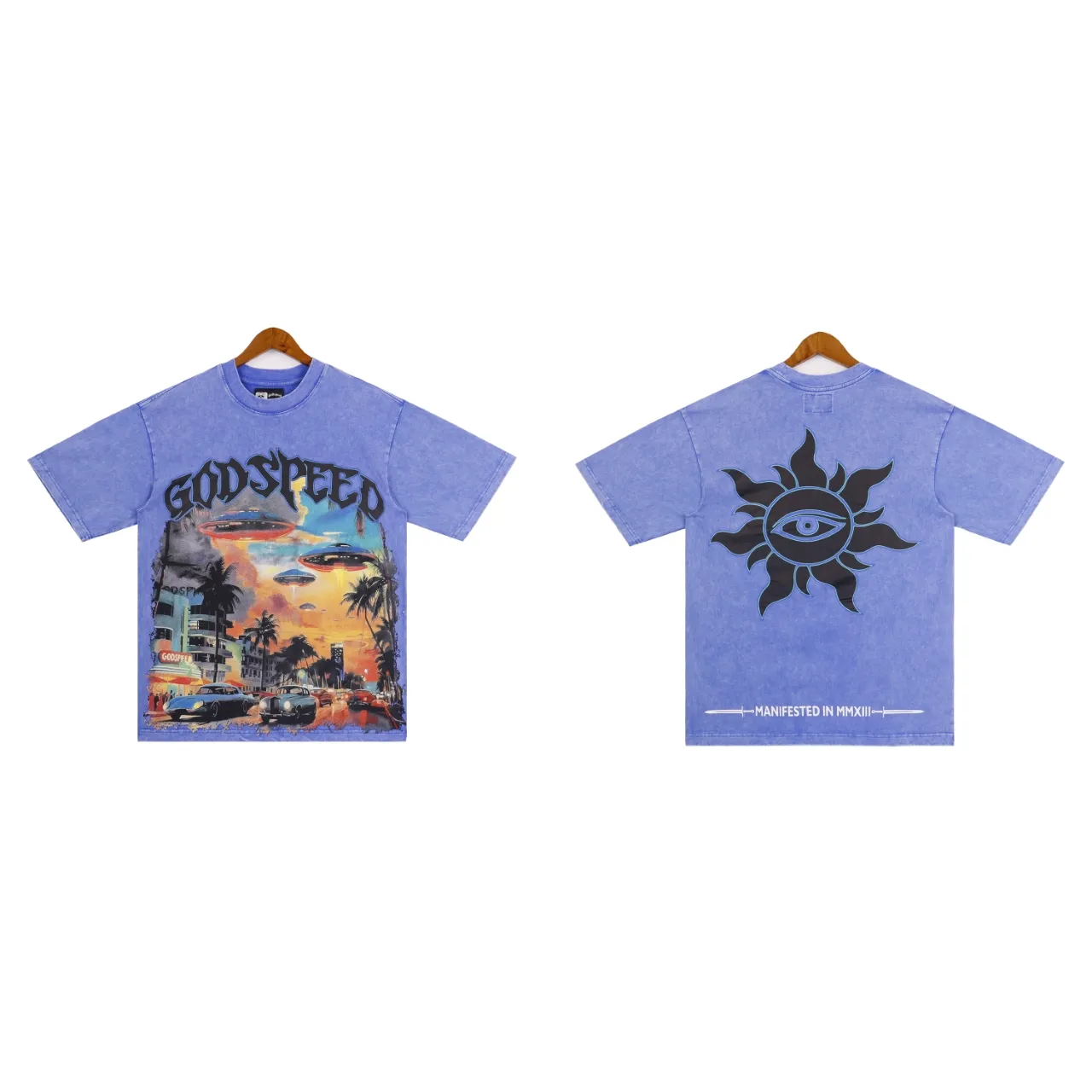 Style No.: 2851 Fabric: 230 grams washed P126 Real shot in stock American trendy Godspeed racing print washed and distressed high quality double yarn casual round neck short-sleeved T-shirt for men and women Color; washed black washed blue Code number: S M L XL