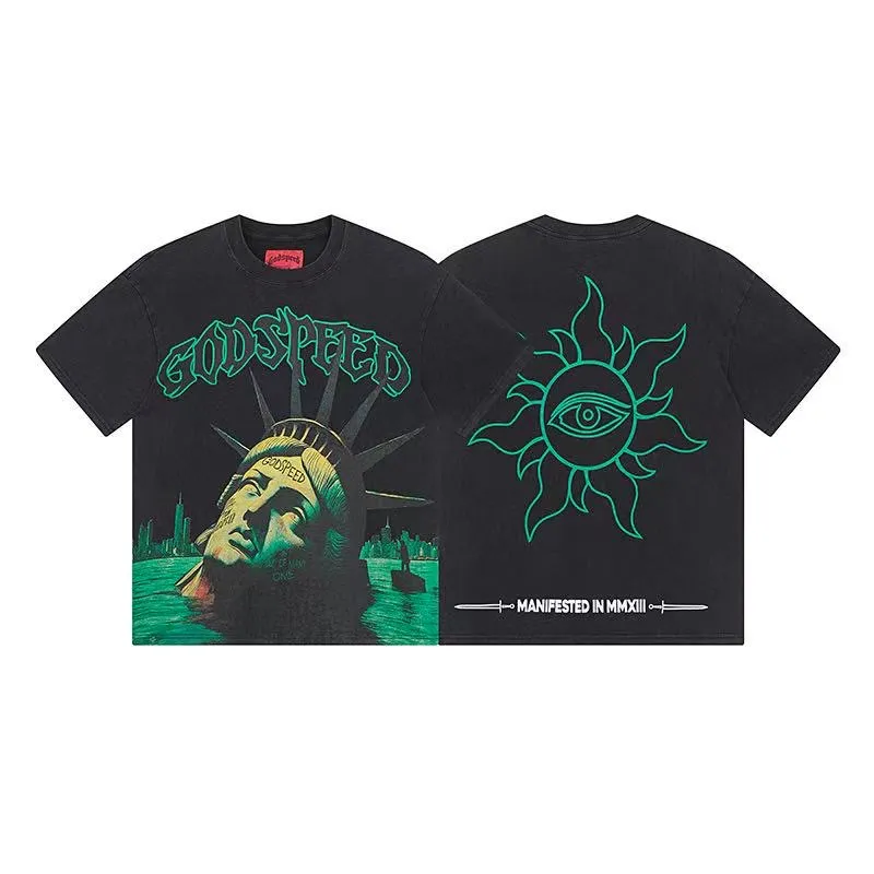 6043#washed black｜P116 Godspeed cross-border American rock and roll street washed retro style short-sleeved T (craft printing) fabric (fabric): 32 count combed double yarn 250g weight size (size): S-M-L-XL color (colour): washed black 👉