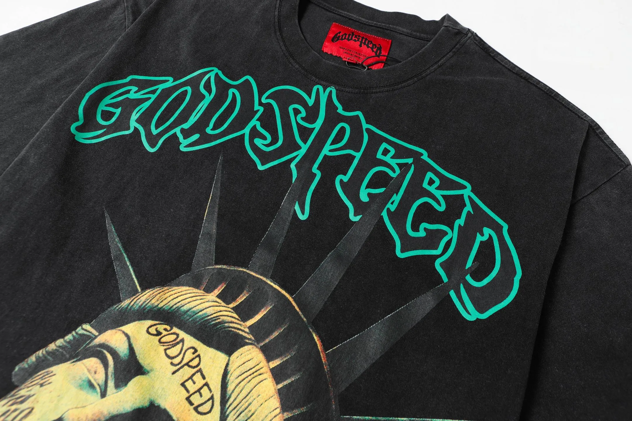 6043#washed black｜P116 Godspeed cross-border American rock and roll street washed retro style short-sleeved T (craft printing) fabric (fabric): 32 count combed double yarn 250g weight size (size): S-M-L-XL color (colour): washed black 👉
