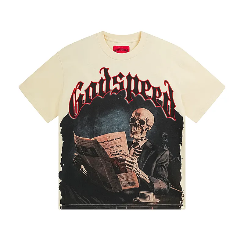 3079# P110 Real shot Godspeed American fashion rock street retro loose printed cotton short sleeves Fabric: 240g 32 count fine cotton double yarn pure cotton Color: apricot Size: S M L XL