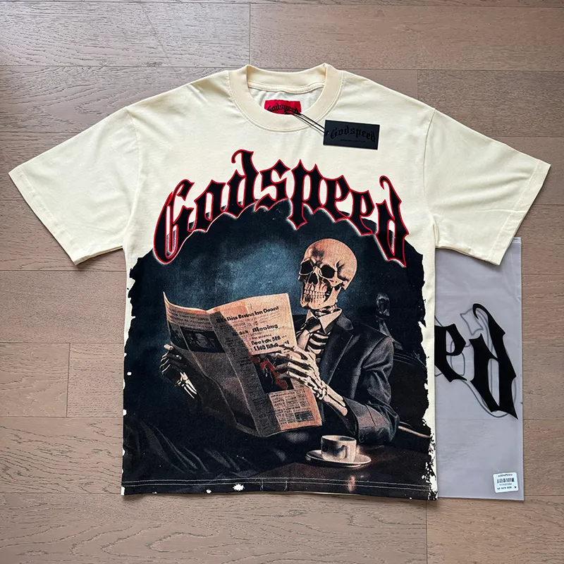 3079# P110 Real shot Godspeed American fashion rock street retro loose printed cotton short sleeves Fabric: 240g 32 count fine cotton double yarn pure cotton Color: apricot Size: S M L XL