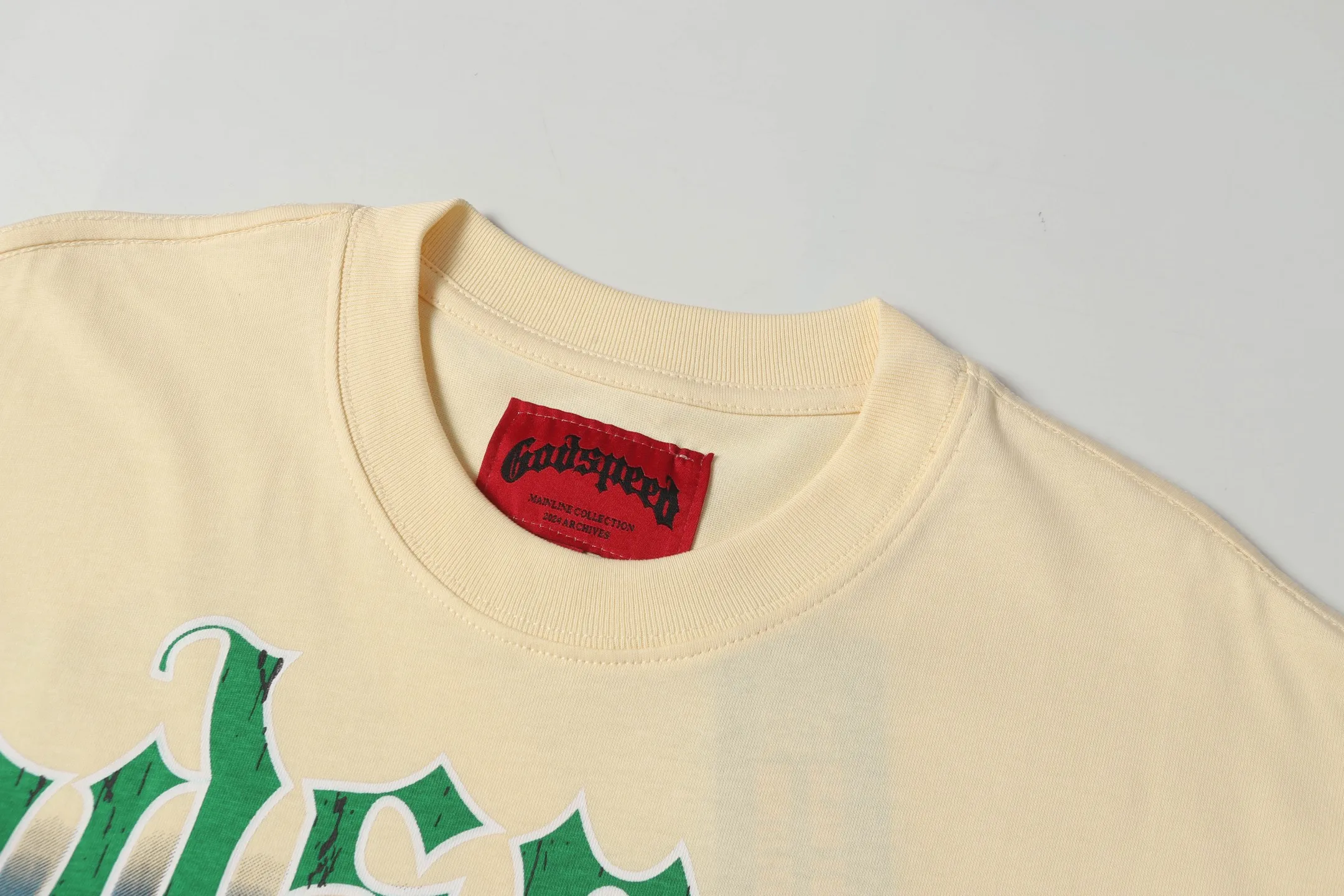 5038#apricot|P104 Godspeed cross-border American rock and roll street washed retro style short-sleeved T (craft printing) fabric (fabric) 32 count combed double yarn 240 grams weight code number (size): S-M-L-XL color (colour): apricot
