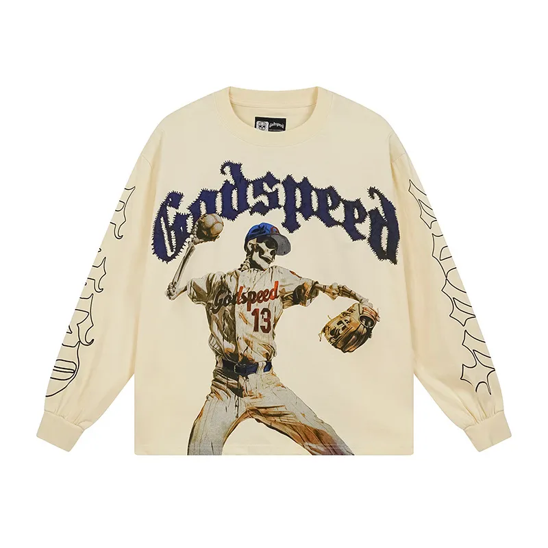 3158# P140 Real shot of Godspeed American fashion rock street pure cotton loose bottoming long-sleeved T-shirt long T. Fabric: 270g 32 count fine cotton double yarn pure cotton Color: Apricot Code number: S M L XL