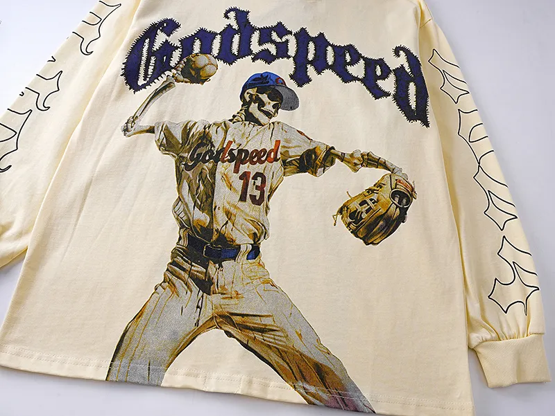 3158# P140 Real shot of Godspeed American fashion rock street pure cotton loose bottoming long-sleeved T-shirt long T. Fabric: 270g 32 count fine cotton double yarn pure cotton Color: Apricot Code number: S M L XL