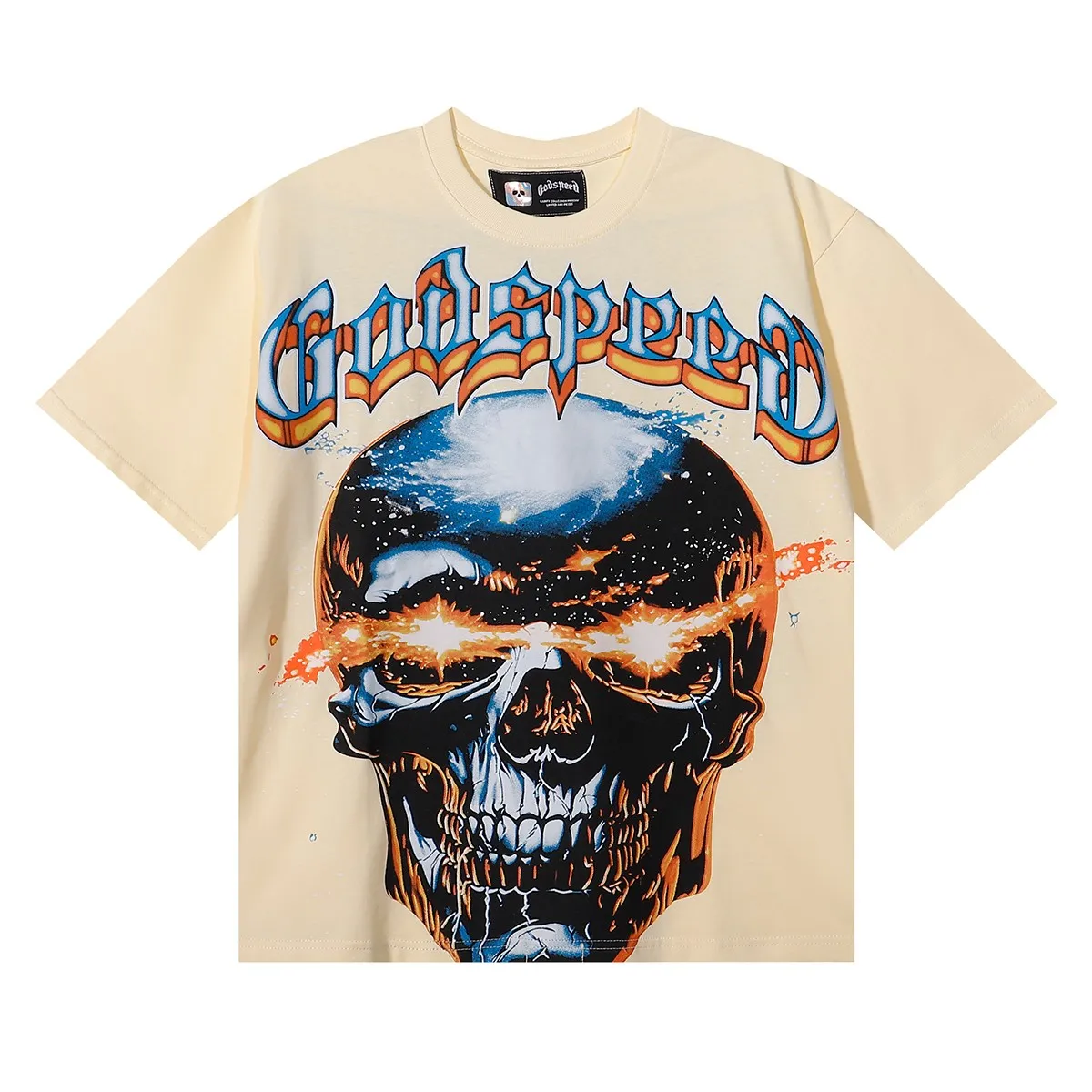 No. 7079, American fashion Godspeed interstellar shock skull print high quality double yarn pure cotton casual short-sleeved T-shirt batch 110 Color: black, apricot; Size: S M L XL