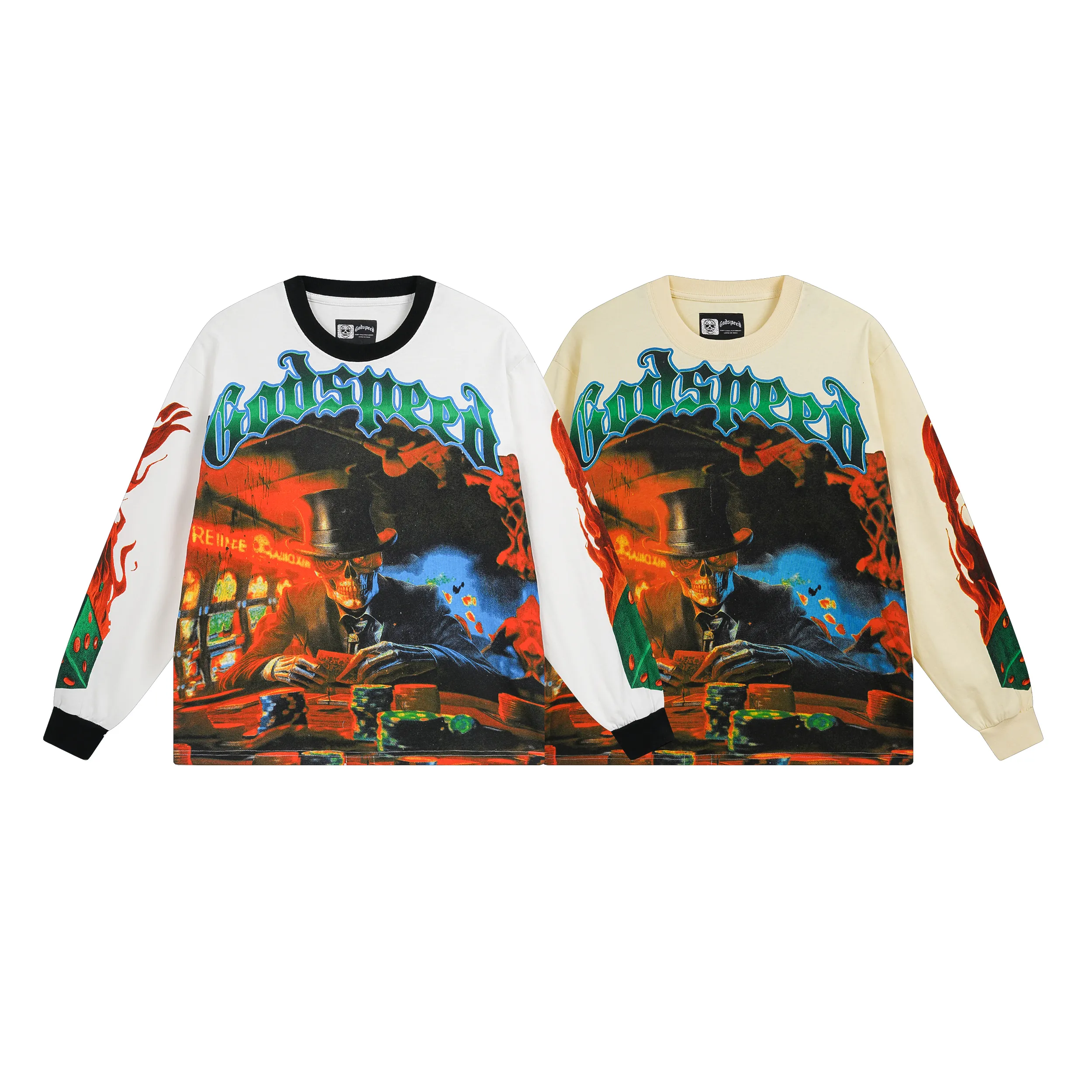 3099# P140 Real shot of Godspeed American fashion rock street pure cotton loose bottoming long-sleeved T-shirt long T-shirt Fabric: 270g 32-count fine cotton double yarn pure cotton Color: off-white apricot Code number: S M L XL