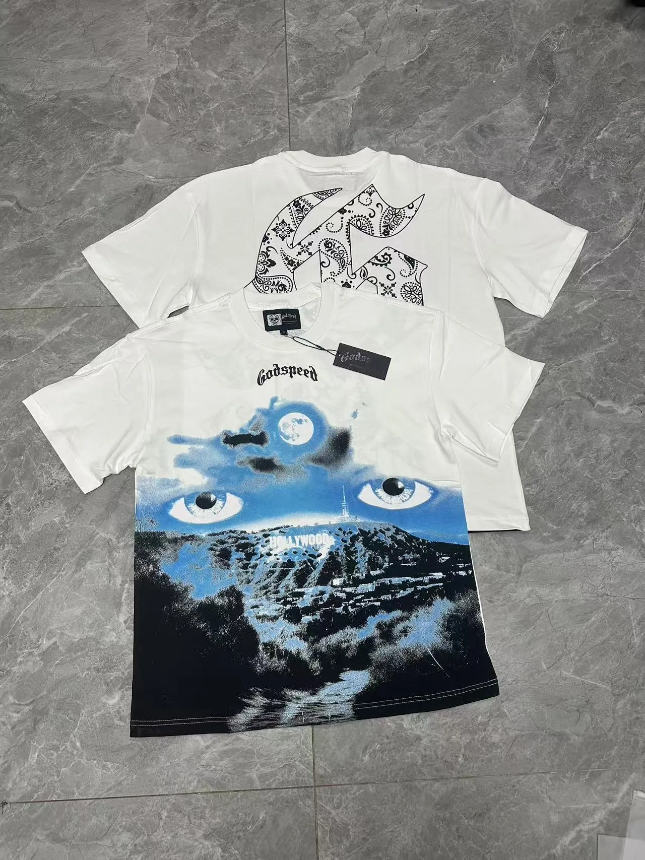 5076# White | P104 Godspeed cross-border American rock and roll street washed retro style short-sleeved T (craft printing) fabric (fabric): 32-count combed double yarn 240 grams weight code number (size): S-M-L-XL color (colour): white